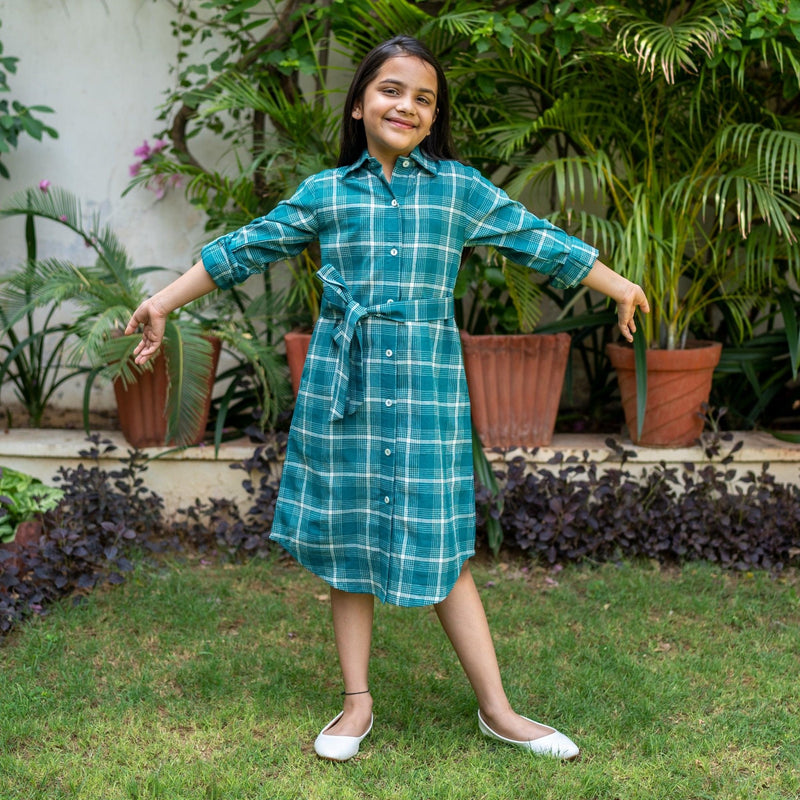 Girls - Bottle Green Checks Cotton Midi Shirt Dress 22" / Custom Height (Free) Girls - Bottle Green Checks Cotton Midi Shirt Dress 22" / Custom Height (Free)