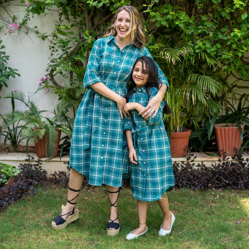 Girls - Bottle Green Checks Cotton Midi Shirt Dress