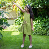 Girls - Khaki Green Cotton Flax Princess Line Short Dress