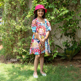 Girls - Multicolor Floral Printed 100% Cotton Gathered Short Dress