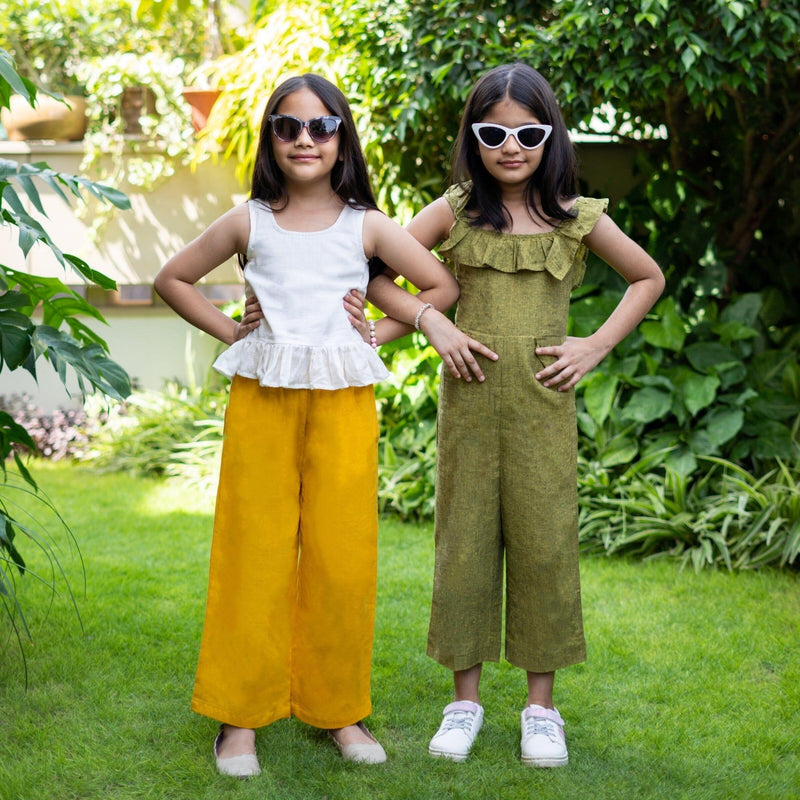 Girls - Mustard Cotton Flax Elasticated Wide Legged Pant