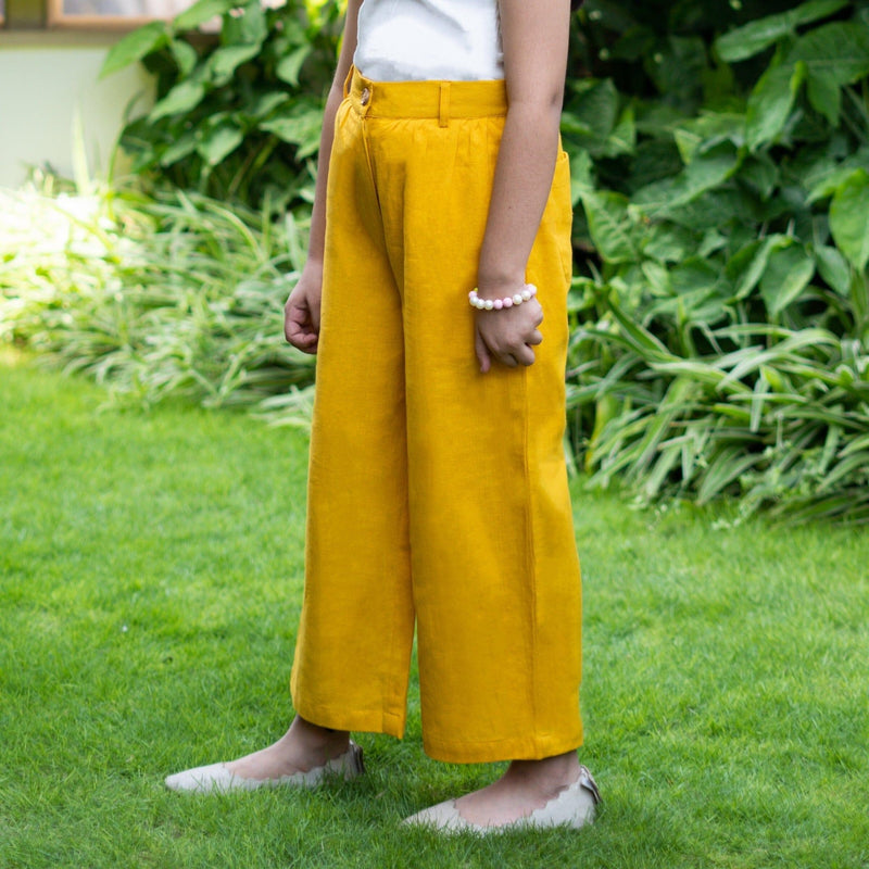 Girls - Mustard Cotton Flax Elasticated Wide Legged Pant