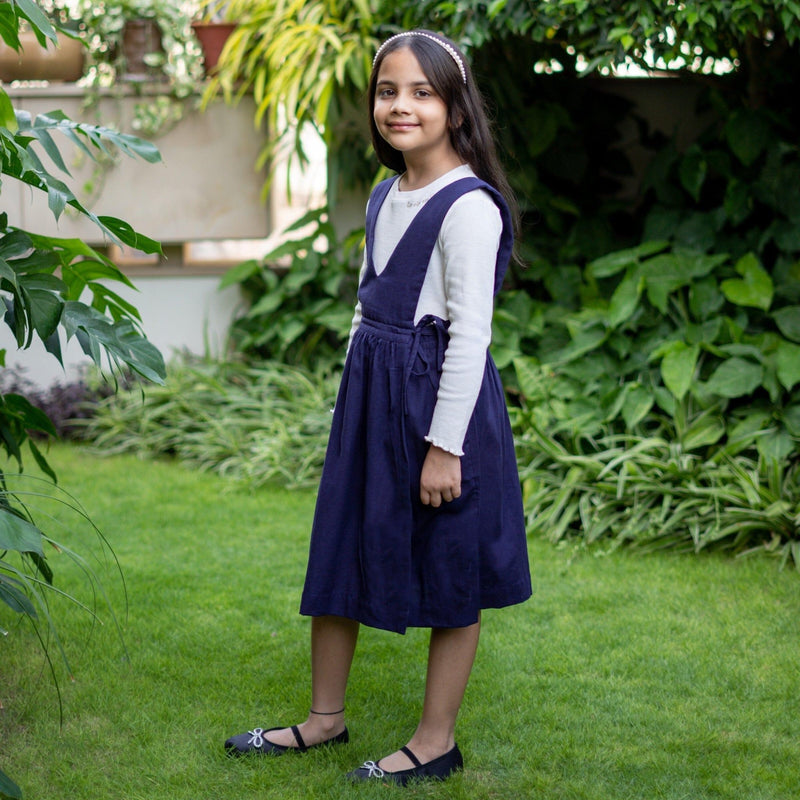 Girls - Navy Blue Cotton Flax Pinafore Midi Wrap Dress