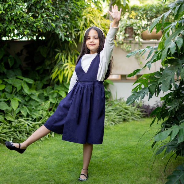 Girls - Navy Blue Cotton Flax Pinafore Midi Wrap Dress