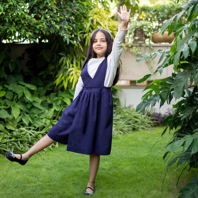 Girls - Navy Blue Cotton Flax Pinafore Midi Wrap Dress