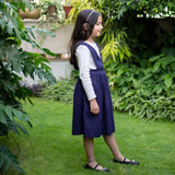 Girls - Navy Blue Cotton Flax Pinafore Midi Wrap Dress