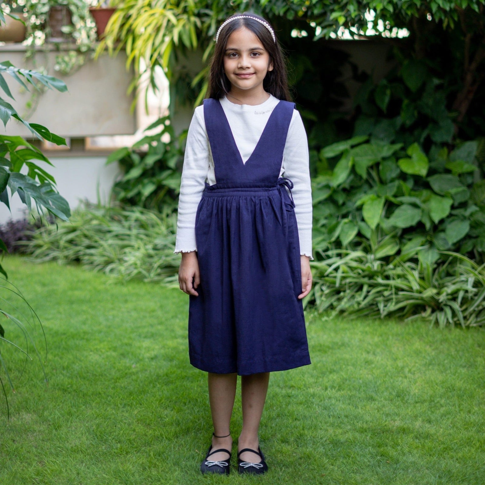 navy blue uniform dress Girls - Navy Blue Cotton Flax Pinafore Midi Wrap Dress 26