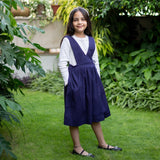 Girls - Navy Blue Cotton Flax Pinafore Midi Wrap Dress