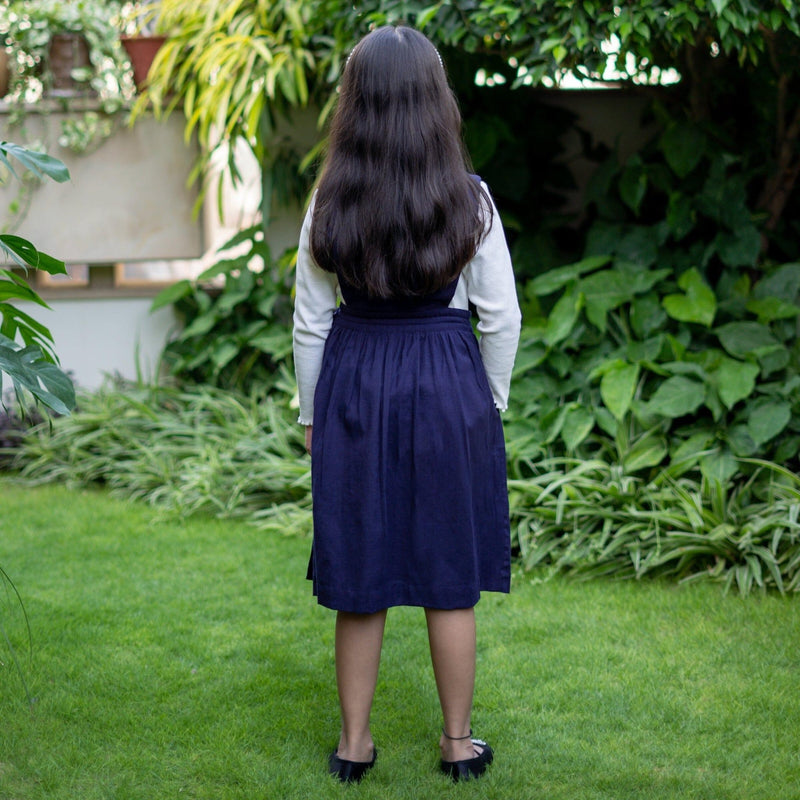 Girls - Navy Blue Cotton Flax Pinafore Midi Wrap Dress 26