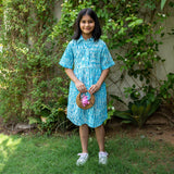 Girls - Ocean Blue Tie-Dye Cotton Gathered Knee Length Shirt Dress