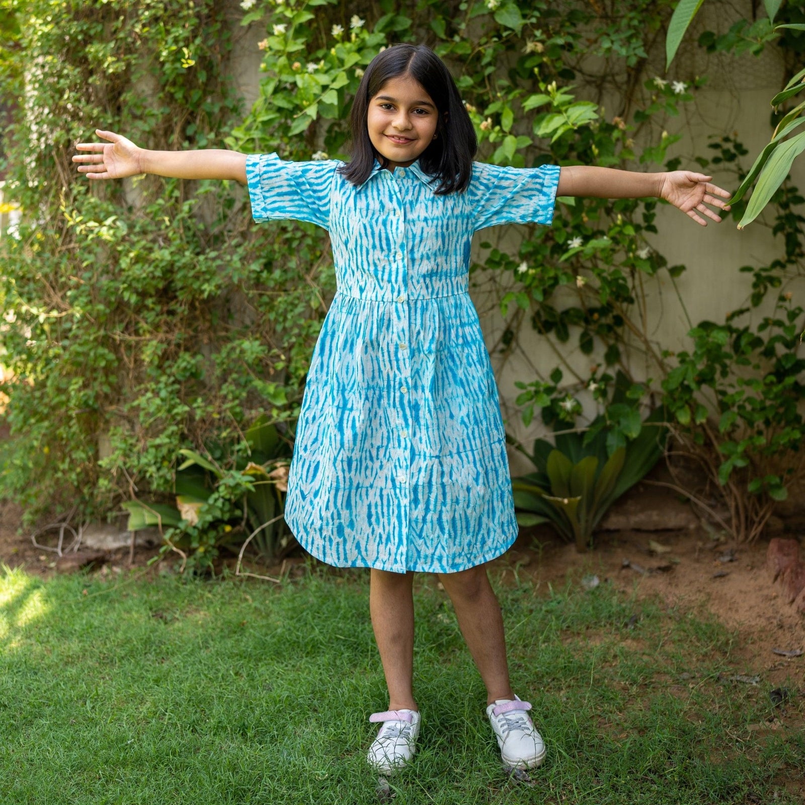 Buy Girls - Ocean Blue Tie-Dye Cotton Gathered Knee Length Shirt Dress Online at SeamsFriendly Buy Girls - Ocean Blue Tie-Dye Cotton Gathered Knee Length Shirt Dress Online at SeamsFriendly