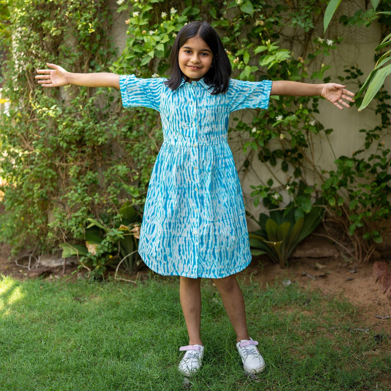 Girls - Ocean Blue Tie-Dye Cotton Gathered Knee Length Shirt Dress Custom Size (Free) / 3'10" - 4'3" Girls - Ocean Blue Tie-Dye Cotton Gathered Knee Length Shirt Dress Custom Size (Free) / 3'10" - 4'3"