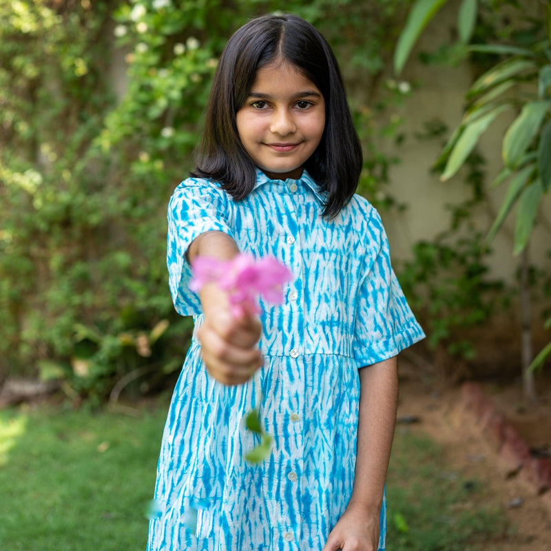 Girls - Ocean Blue Tie-Dye Cotton Gathered Knee Length Shirt Dress Custom Size (Free) / 3'10" - 4'3" Girls - Ocean Blue Tie-Dye Cotton Gathered Knee Length Shirt Dress Custom Size (Free) / 3'10" - 4'3"