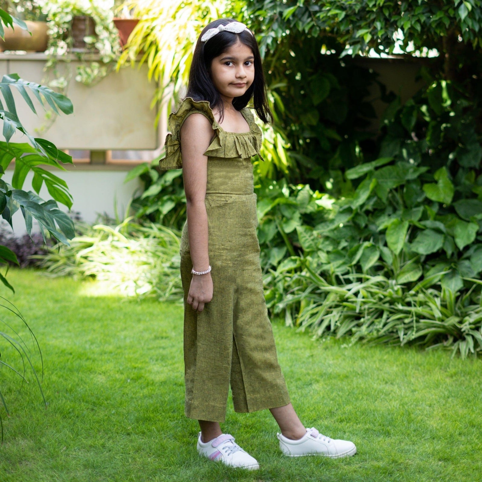 Buy Girls - Olive Green Handspun Cotton Frilled Square Neck