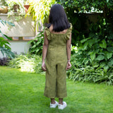 Girls - Olive Green Handspun Cotton Frilled Square Neck Jumpsuit