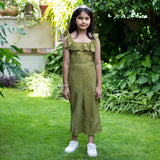 Girls - Olive Green Handspun Cotton Frilled Square Neck Jumpsuit