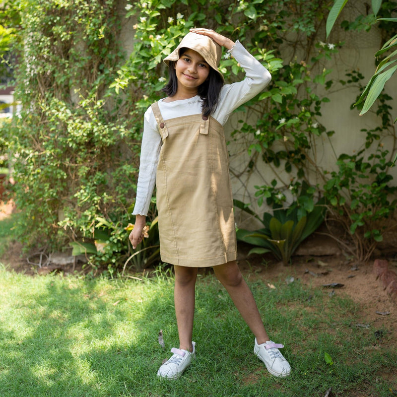 SeamsFriendly Girls Pale Khakhi Cotton Twill A Line Short Pinafore Dress 27 Custom Height Free