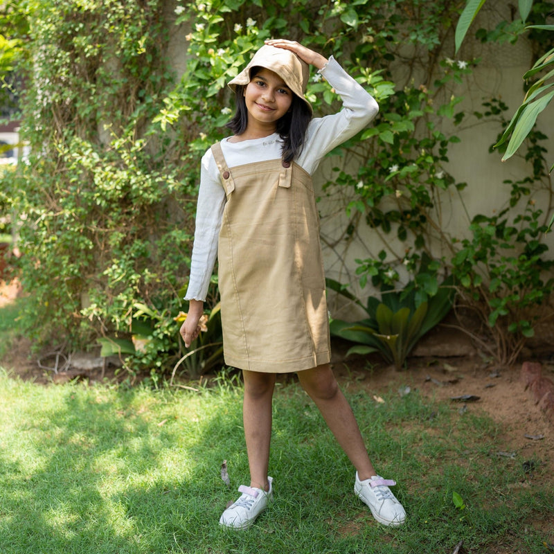 Girls - Pale Khakhi Cotton Twill A-Line Short Pinafore Dress 28" / Custom Height (Free) Girls - Pale Khakhi Cotton Twill A-Line Short Pinafore Dress 28" / Custom Height (Free)