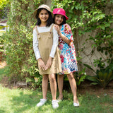 Girls - Pale Khakhi Cotton Twill A-Line Short Pinafore Dress