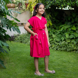 Girls - Pink Cotton Poplin Frilled Knee Length Bohemian Dress