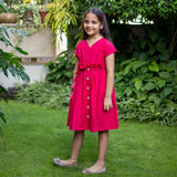 Girls - Pink Cotton Poplin Frilled Knee Length Bohemian Dress