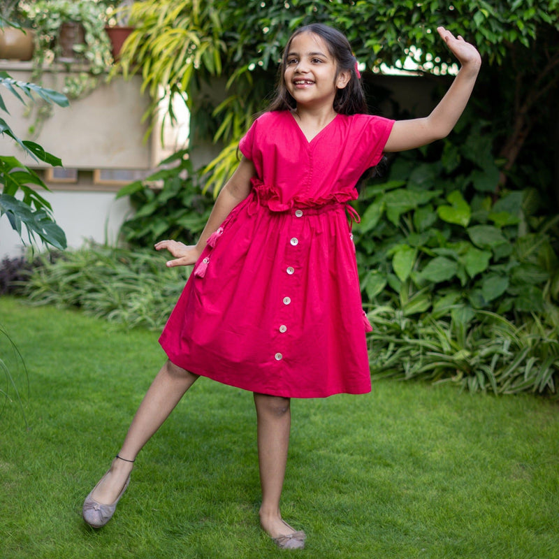 Girls - Pink Cotton Poplin Frilled Knee Length Bohemian Dress Custom Size (Free) / 4'4" - 4'8" Girls - Pink Cotton Poplin Frilled Knee Length Bohemian Dress Custom Size (Free) / 4'4" - 4'8"