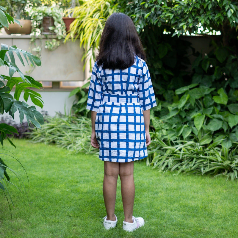 Girls - White and Blue Block Print Cotton Short Button-Down Shirt Dress 19" / Custom Height (Free) Girls - White and Blue Block Print Cotton Short Button-Down Shirt Dress 19" / Custom Height (Free)