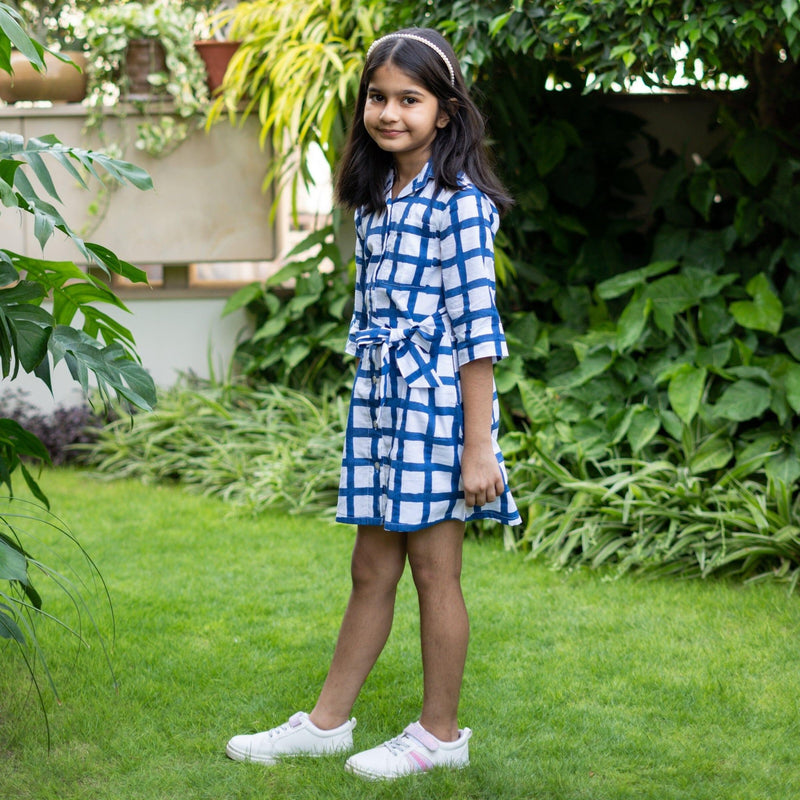 Girls - White and Blue Block Print Cotton Short Button-Down Shirt Dress 19" / Custom Height (Free) Girls - White and Blue Block Print Cotton Short Button-Down Shirt Dress 19" / Custom Height (Free)