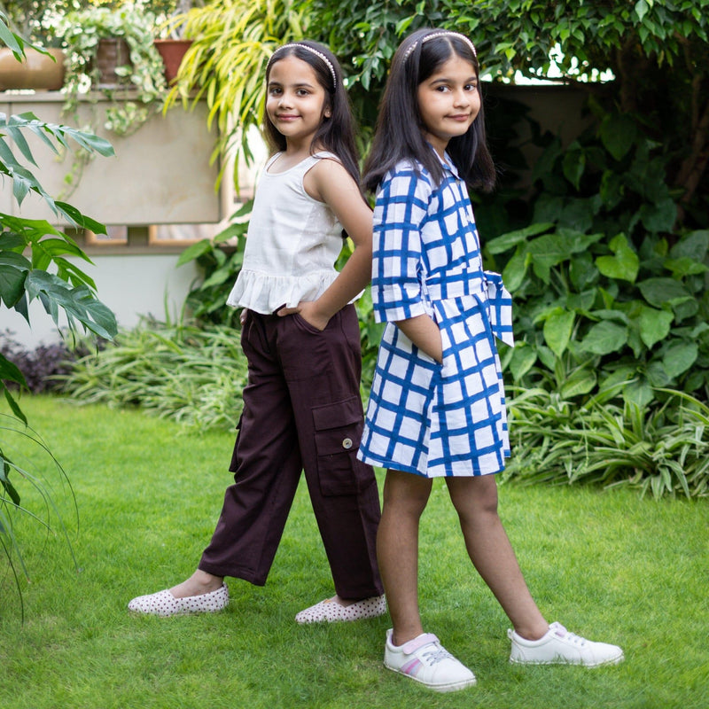 Girls - White and Blue Block Print Cotton Short Button-Down Shirt Dress