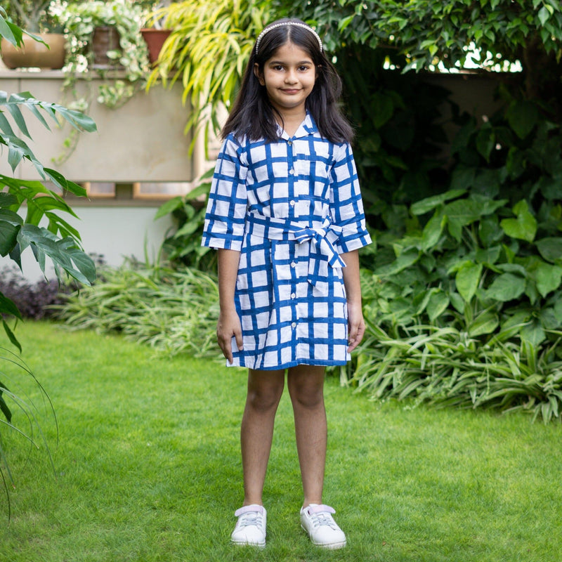 Girls - White and Blue Block Print Cotton Short Button-Down Shirt Dress