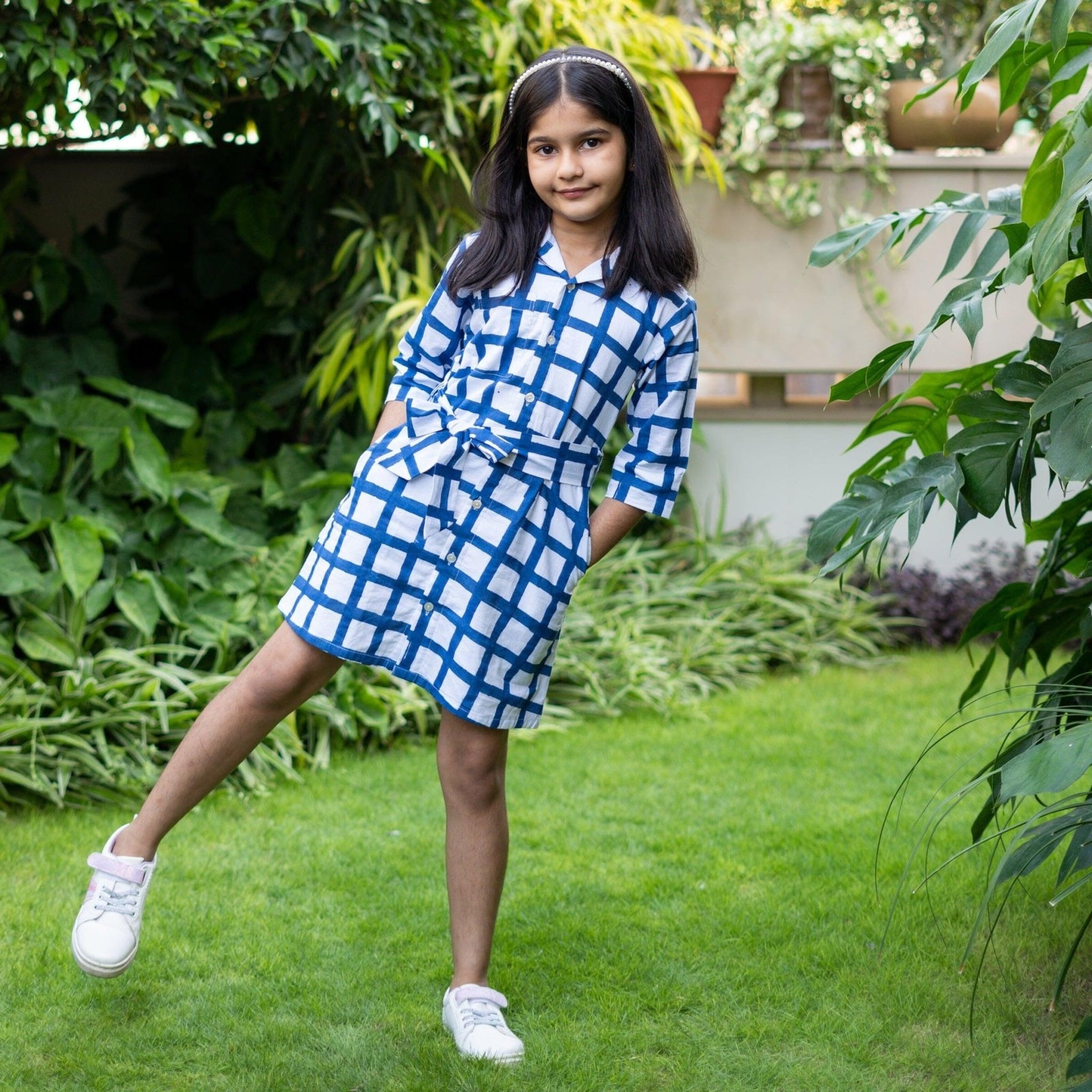 Girls - White and Blue Block Print Cotton Short Button-Down Shirt Dress 19" / Custom Height (Free)