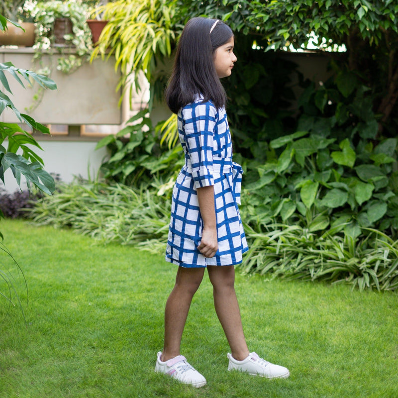 Girls - White and Blue Block Print Cotton Short Button-Down Shirt Dress 19" / Custom Height (Free) Girls - White and Blue Block Print Cotton Short Button-Down Shirt Dress 19" / Custom Height (Free)