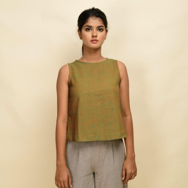 Front View of a Model wearing Gold Green Handspun Cotton Sleeveless Top