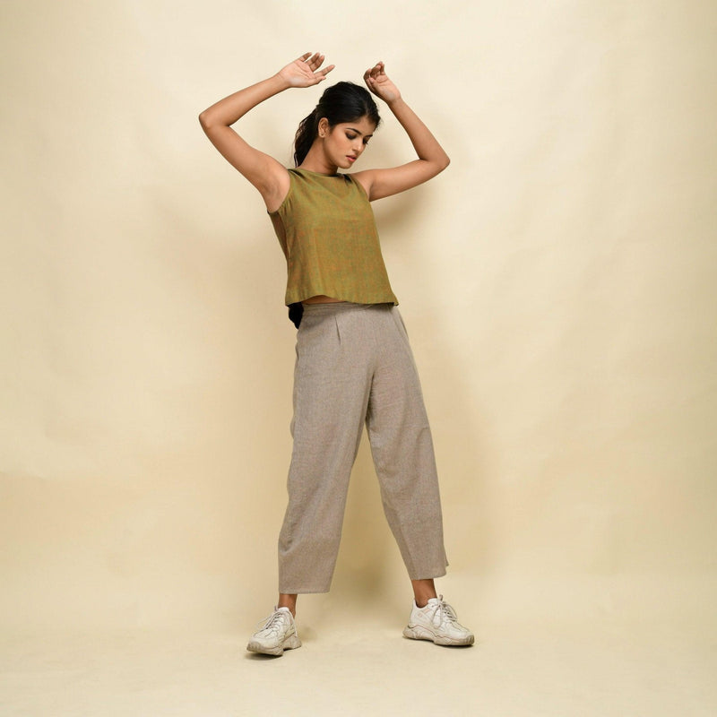 Front View of a Model wearing Gold Green Handspun Cotton Sleeveless Top