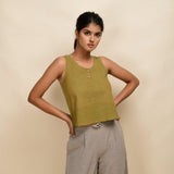 Front View of a Model wearing Gold Green 100% Cotton Sleeveless Short Top