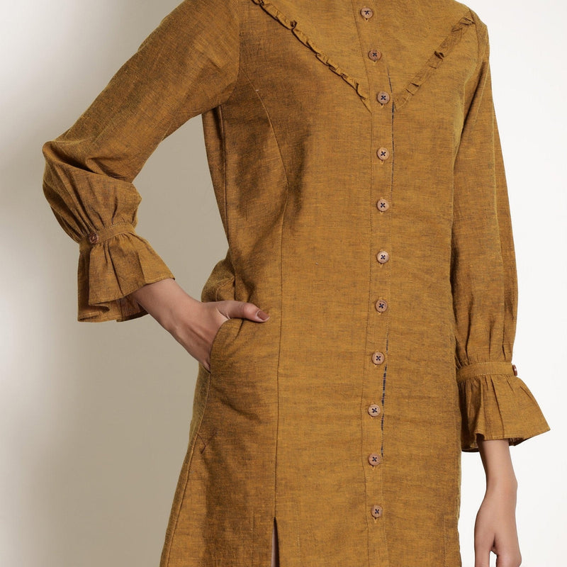 Front Dress of a Model wearing Warm Golden Oak Button-Down Frilled Collar Dress