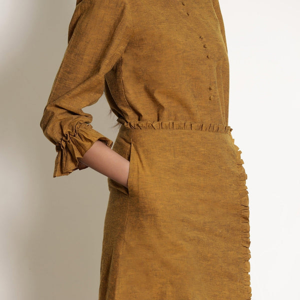 Right Detail of a Model wearing Warm Golden Oak A-Line Frilled Skirt