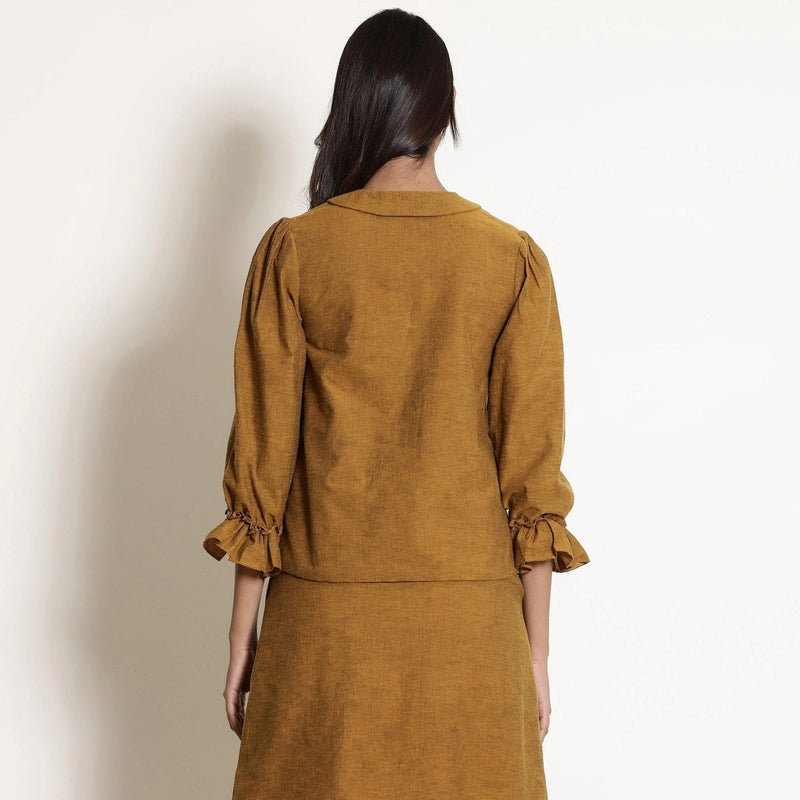 Back View of a Model wearing Golden Oak Warm Cotton Frilled Sleeve Top