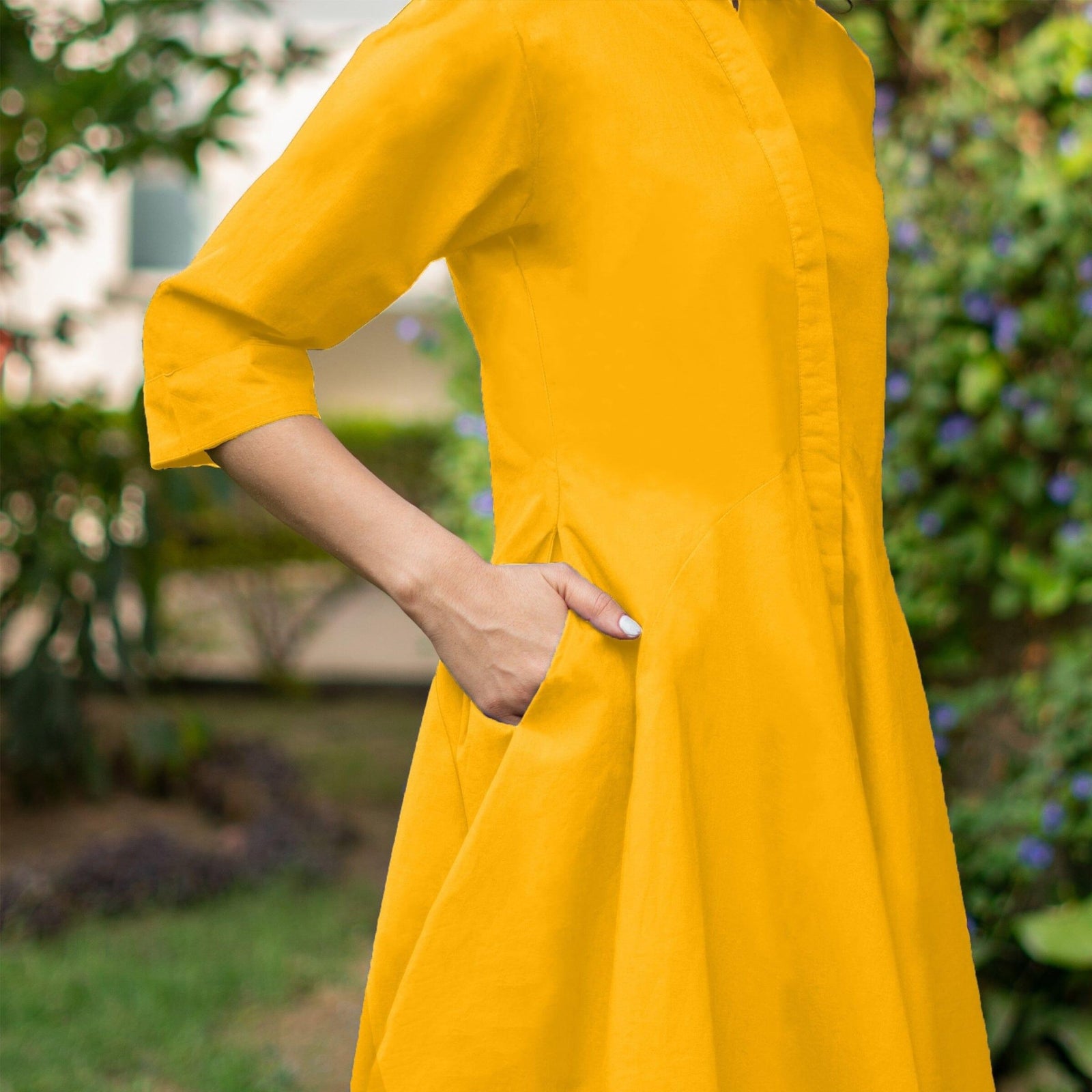 Golden Yellow Cotton Poplin Fit and Flare Short Button-Down Shirt Dress 40