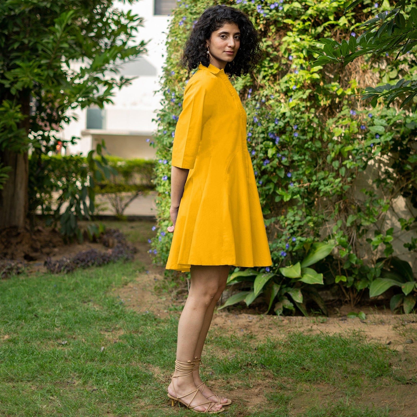 green emerald velvet dress Golden Yellow Cotton Poplin Fit and Flare Short Button-Down Shirt Dress 40