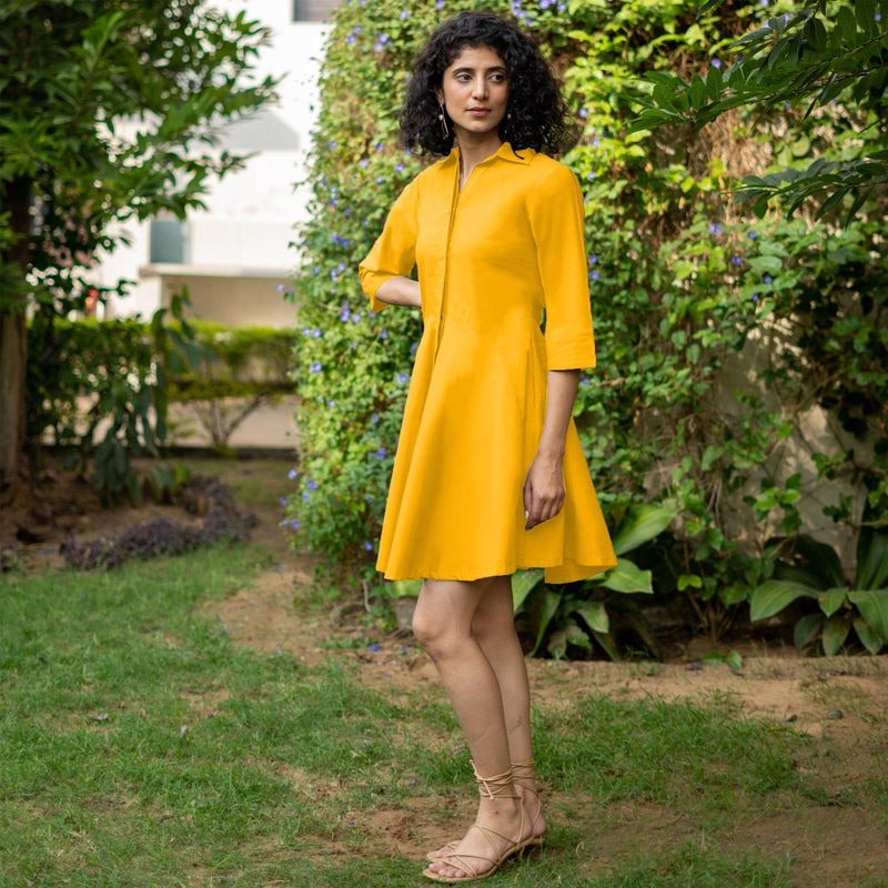 Golden Yellow Cotton Poplin Fit and Flare Short Button-Down Shirt Dress 46" / Custom Height (Free) Golden Yellow Cotton Poplin Fit and Flare Short Button-Down Shirt Dress 46" / Custom Height (Free)
