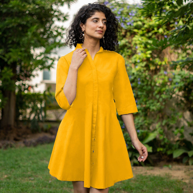Golden Yellow Cotton Poplin Fit and Flare Short Button-Down Shirt Dress 40" / Custom Height (Free) Golden Yellow Cotton Poplin Fit and Flare Short Button-Down Shirt Dress 40" / Custom Height (Free)