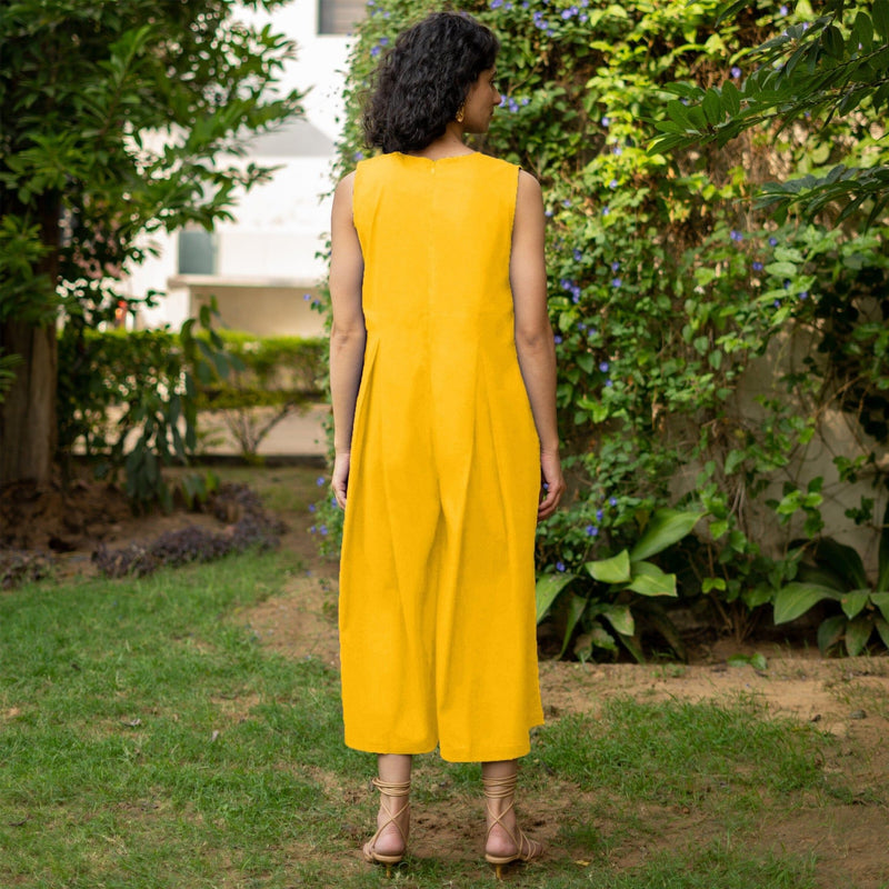 Golden Yellow Cotton Poplin Flared Midi Sleeveless Jumpsuit