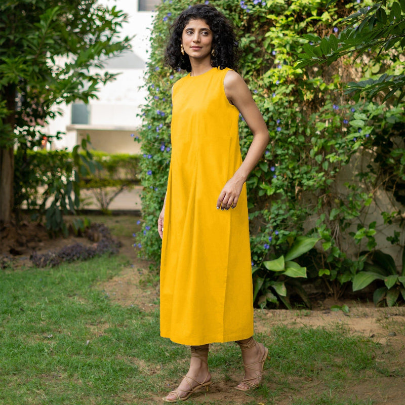 Golden Yellow Cotton Poplin Flared Midi Sleeveless Jumpsuit