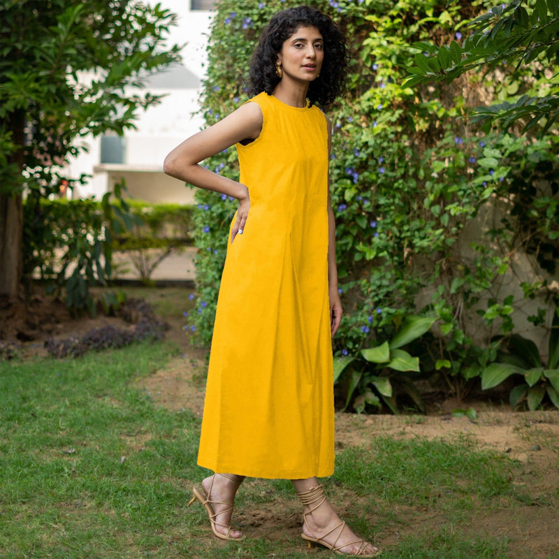 Golden Yellow Cotton Poplin Flared Midi Sleeveless Jumpsuit