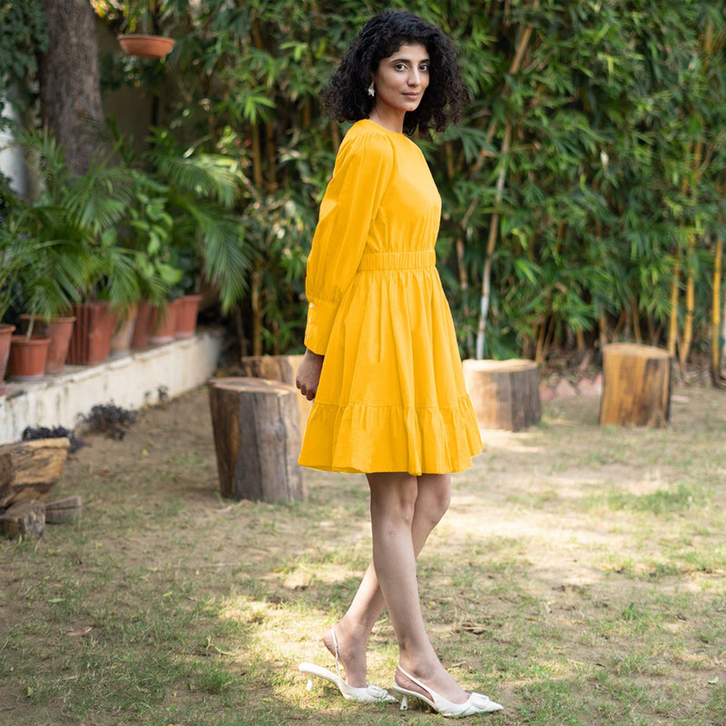 Golden Yellow Cotton Poplin Gathered Short Tier Dress