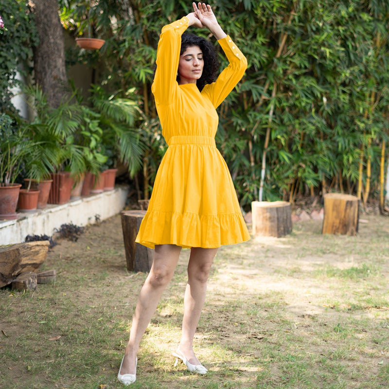Golden Yellow Cotton Poplin Gathered Short Tier Dress
