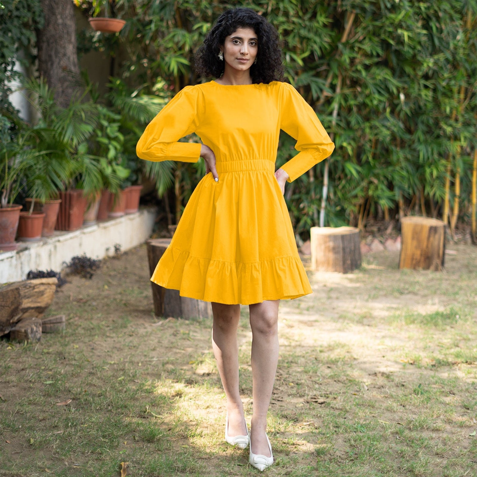 Golden Yellow Cotton Poplin Gathered Short Tier Dress 30