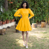 Golden Yellow Cotton Poplin Gathered Short Tier Dress