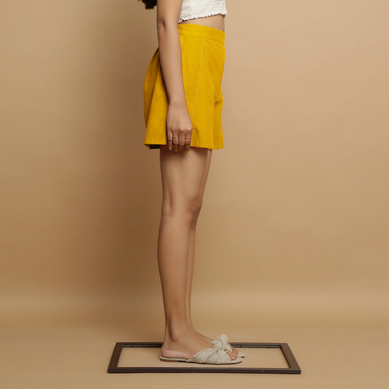 Golden Yellow Cotton Poplin Mid-Rise Shorts